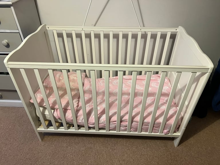 Babies white cot with canopy and mattress from MCC babies 