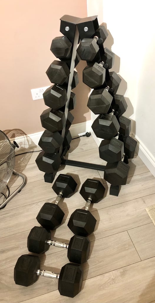 image for 8 Pairs Rubber Coated Hex Dumbbells set plus Rack