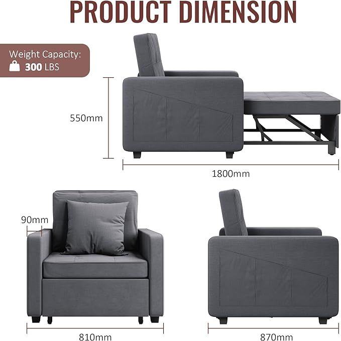 New Grey Single Sofa Bed, 3-in-1 Pull Out Convertible Sleeper Chair Bed RRP £265 Our Price £198
