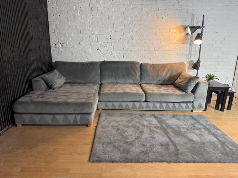 DFS – Large Grey Velvet Plush Corner Sofa + Matching Footstool
