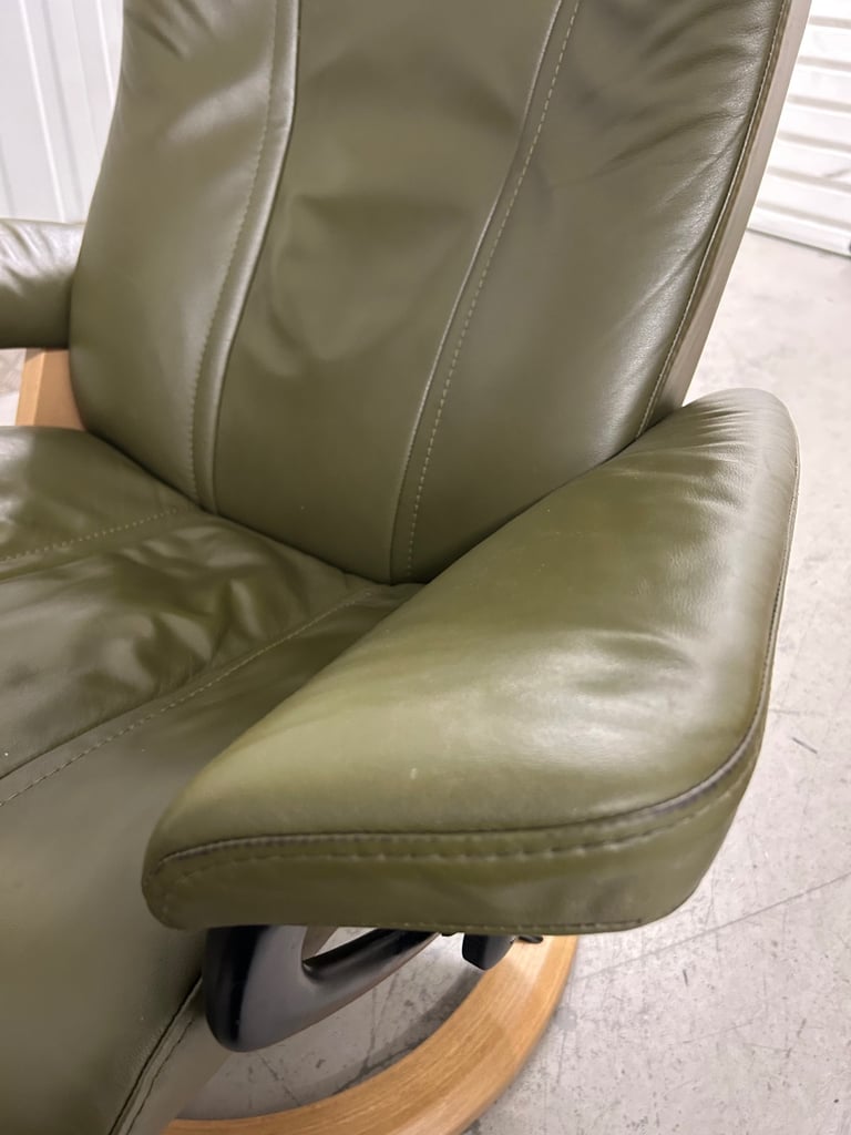 Ekornes Stressless Medium Signature Wing Dark Olive Leather Chairs & Footstool