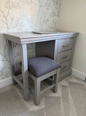 Lusso painted oak urban grey bedroom furniture, dressing table/desk, stool & chest of drawers.