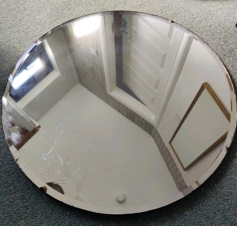 Vintage Art Deco Bevelled Edge Hanging Mirror flying ducks On Chain round etched