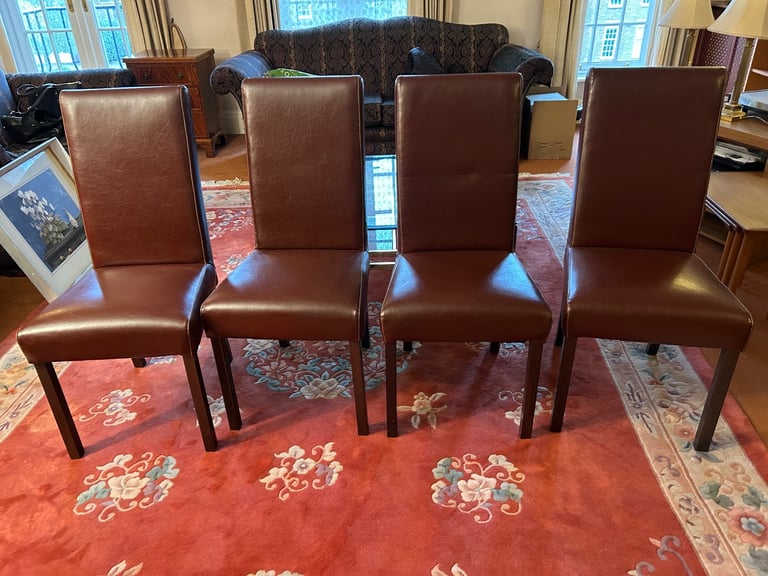 image for Brown faux leather and wood high back dining chairs x 4 