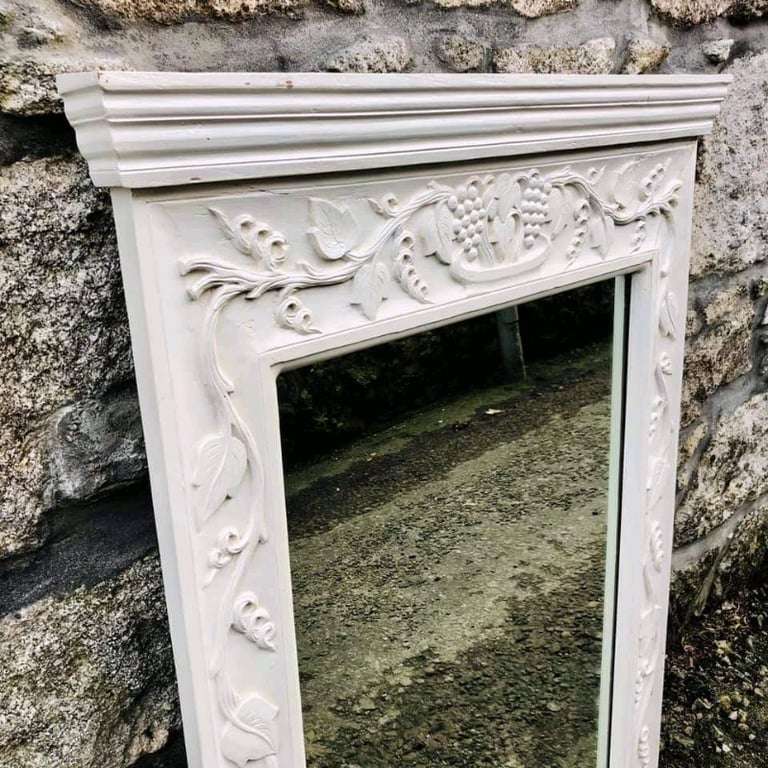 Antique Solid Oak Carved Mirror With Painted Heavy Wooden Frame 