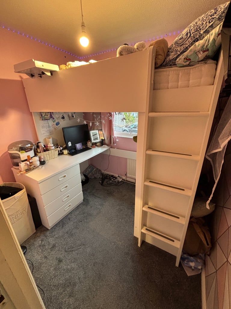 image for SMÅSTAD Loft bed, white with desk with 4 drawers and wardrobe height sleeper cabin