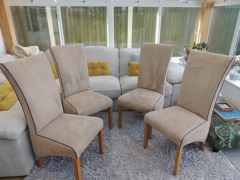 4 x Immaculate High Back Suede in Beige/Oyster Pearl dining chairs free local delivery