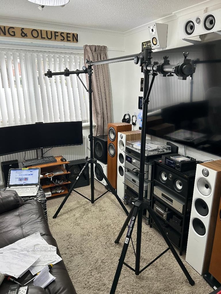 image for Pair tripod speaker stands by 'On Stage Stands' with lighting fixtures DJ Disco