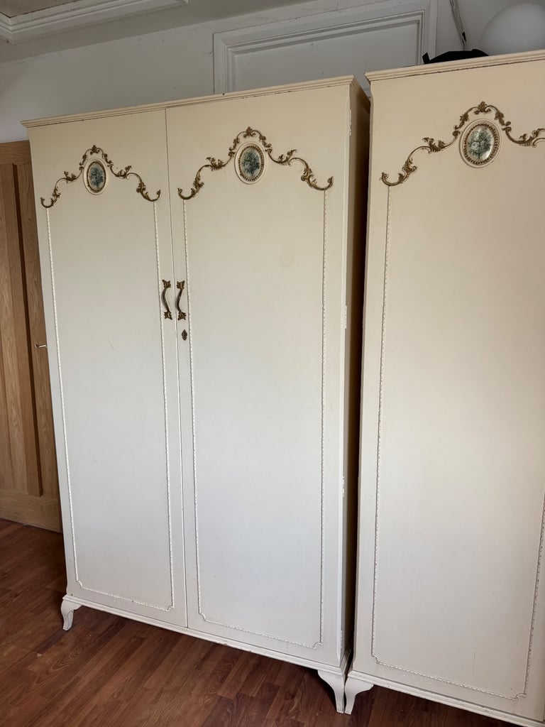 Pair of vintage French style ornate wardrobes for sale 