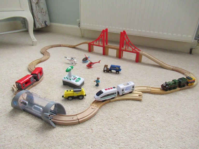 Wooden train track with trains