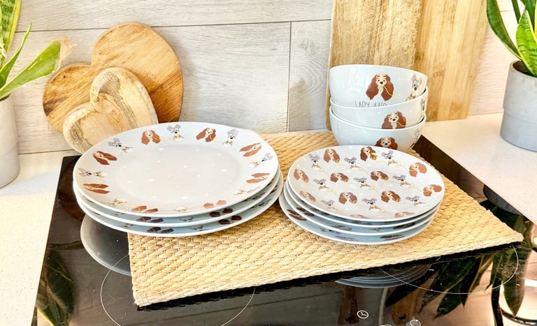 Disney lady & the tramp china dinner set 3 large dinner plates, 4 side plates and 3 bowls