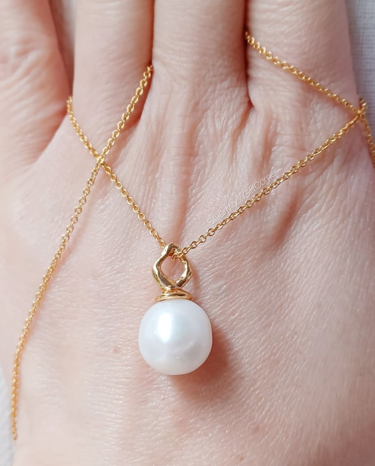 24K Gold Plated Large Genuine Pearl Necklace for Women Elegant Minimalist