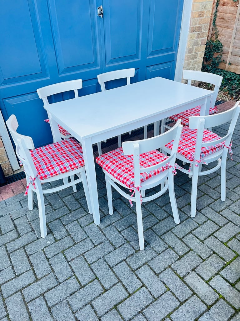 image for Solid Wood White Dining Kitchen Table And 6 Chairs & 6 Matching Seat Cushions Seater Wooden Set