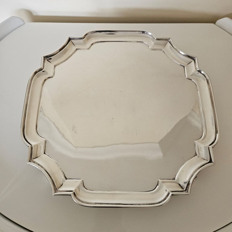 12 inch  Heavy Square Antique Sterling Silver Salver, London, 1052g 