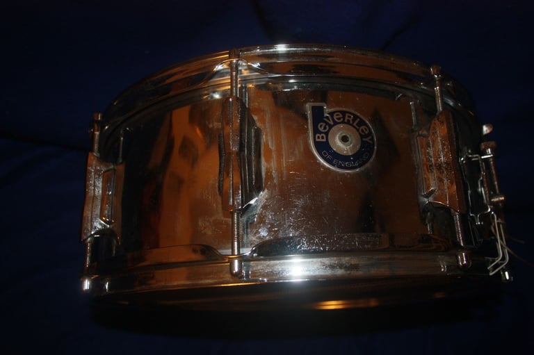 Vintage 1970s Beverley Chrome Snare Drum 14in x 5.1/2in for Drum Kit ~ Made In England ~ £75 ono