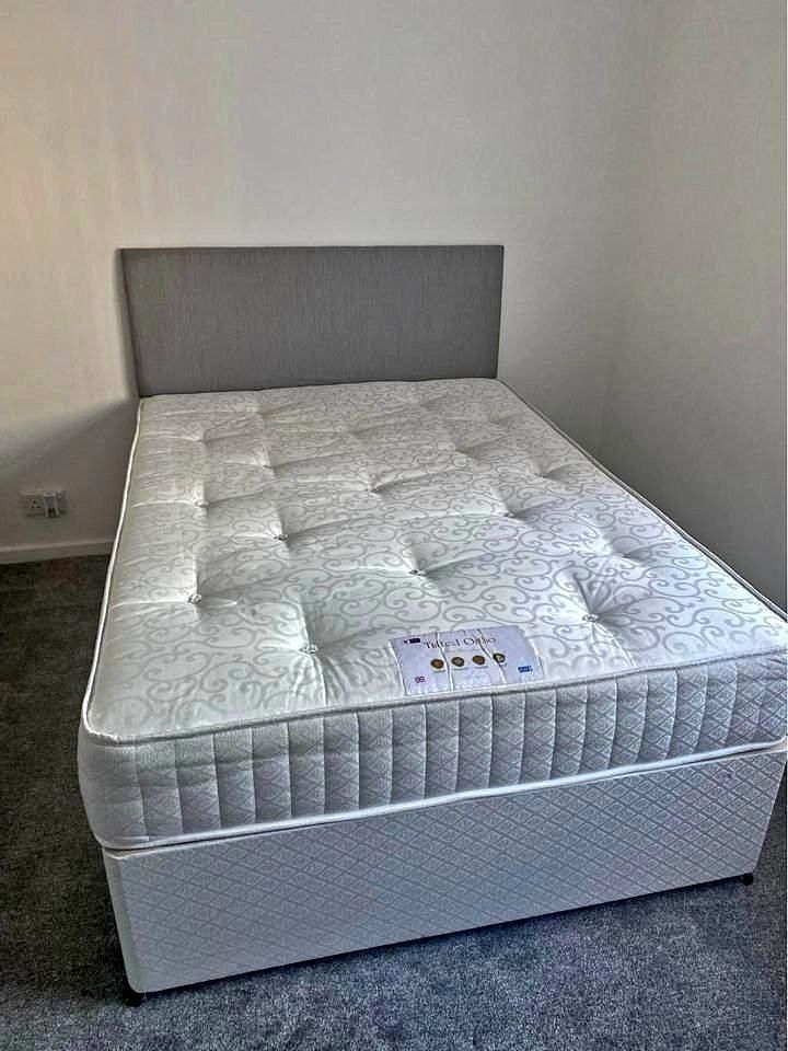 double velvet fabric bed with base and headboard and memory foam mattress