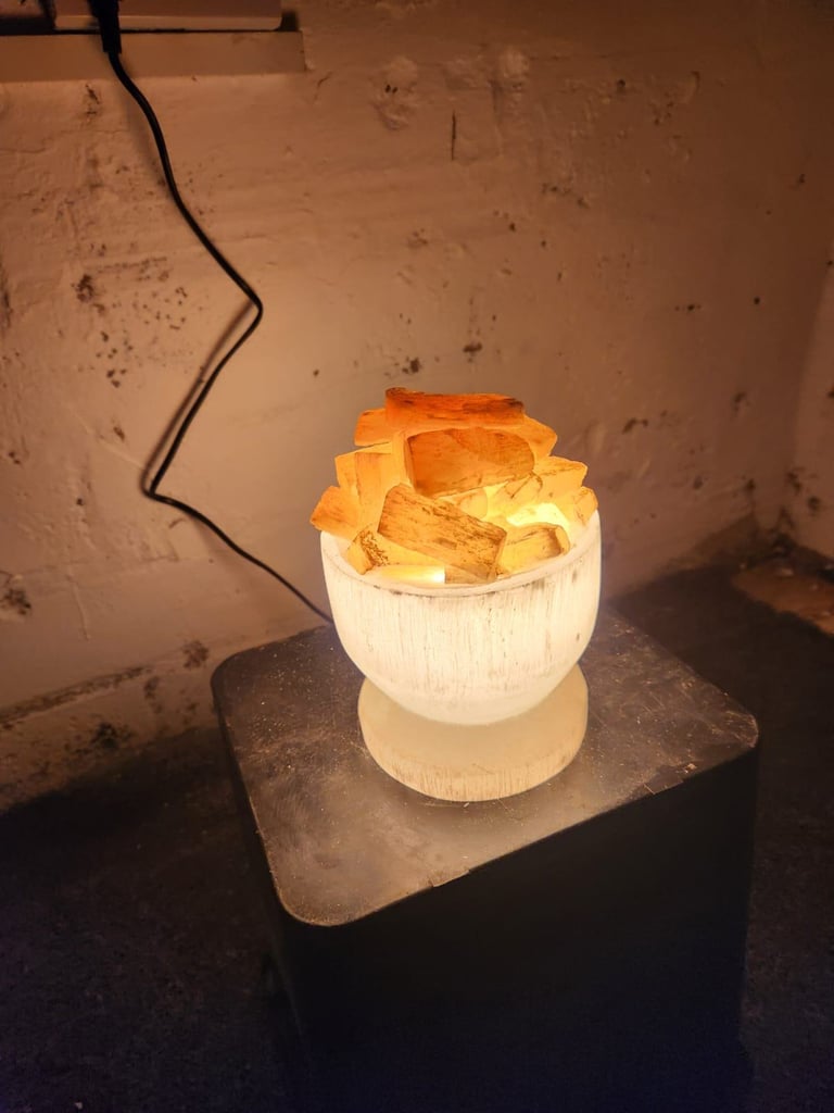 Selenite Crystal Bowl Lamp with Chunks | White & Orange