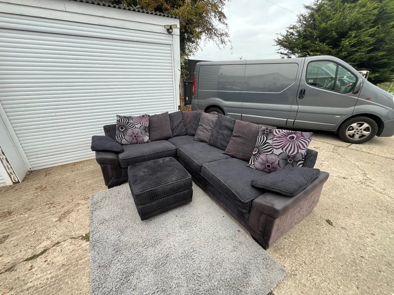 DELIVERY AVAILABLE - Large Black Cord Corner Sofa with Footstool 