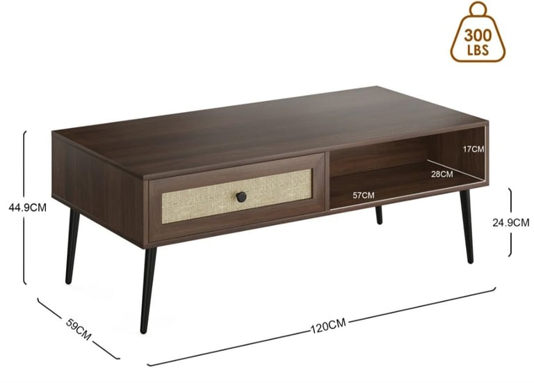 Brand new Walnut wooden coffee table with ratan drawer