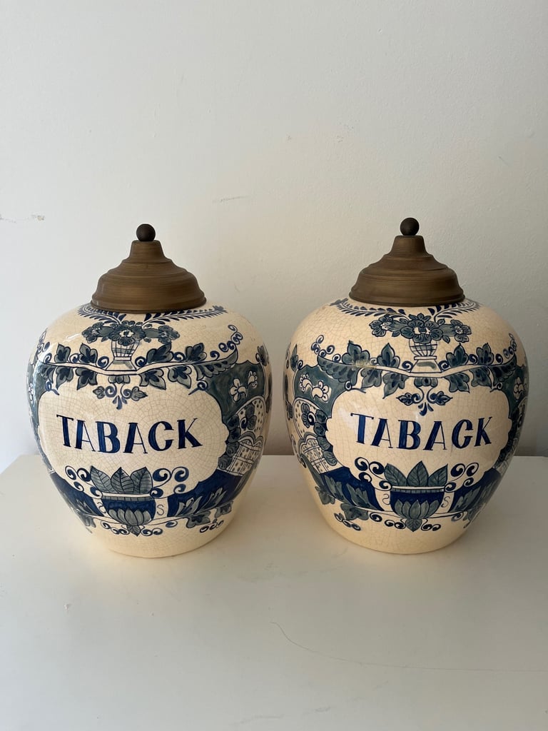 image for Set Of Two Large Antique Hand Painted Delft Blue Tobacco Jars With Brass Lid 