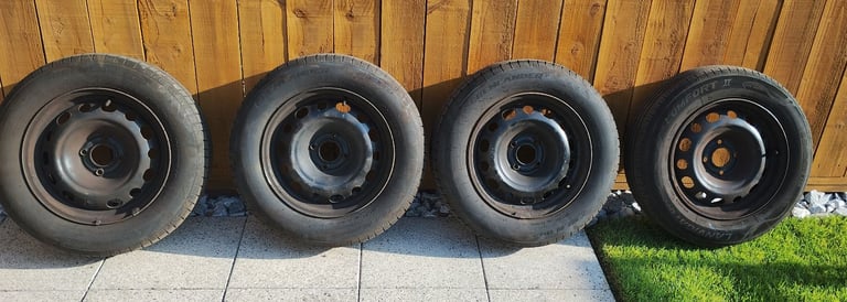 4 x 15inch steel wheels, tyres and wheel trims, all VGC, PCD 4x108 (Berlingo/Partner van).
