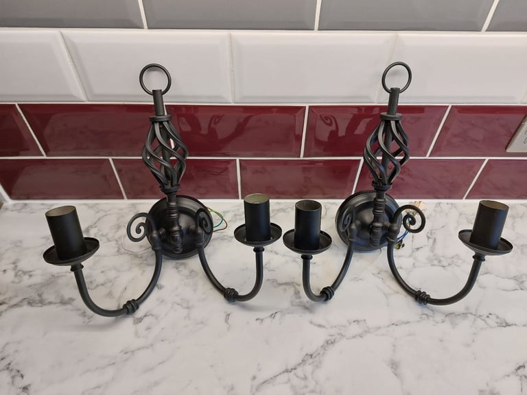 image for Pair of twin fitting Wall Lights - Black Metal Searchlight Zanzibar