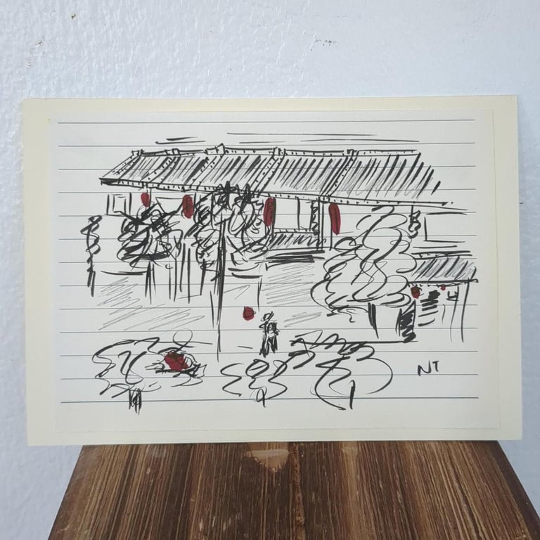 Sketch of a traditional home on a lined paper 'Chinese house with a red lantern'  