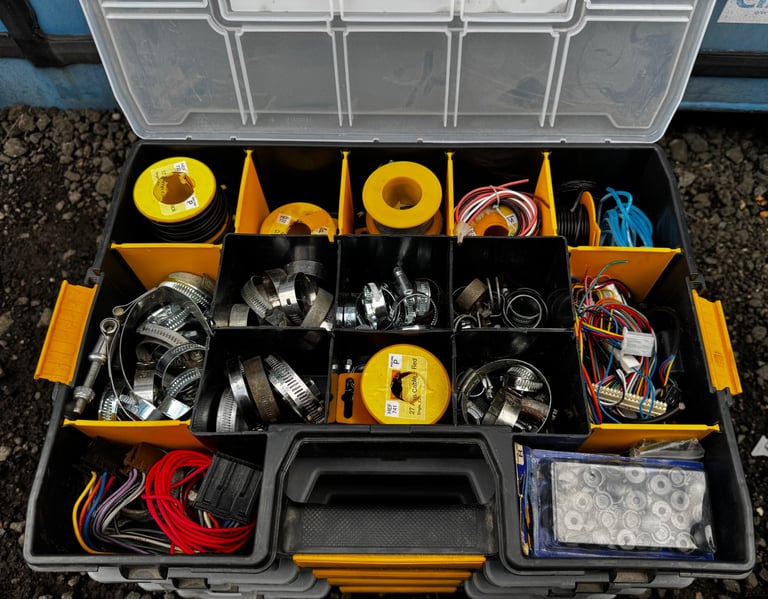 4 x Stanley storage organizers with electronic supplies Diy Cable Connectors Switches & More