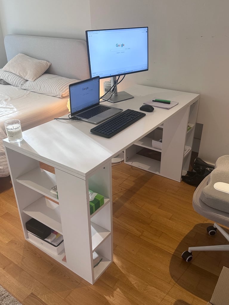 Ergonomic office desk with shelves