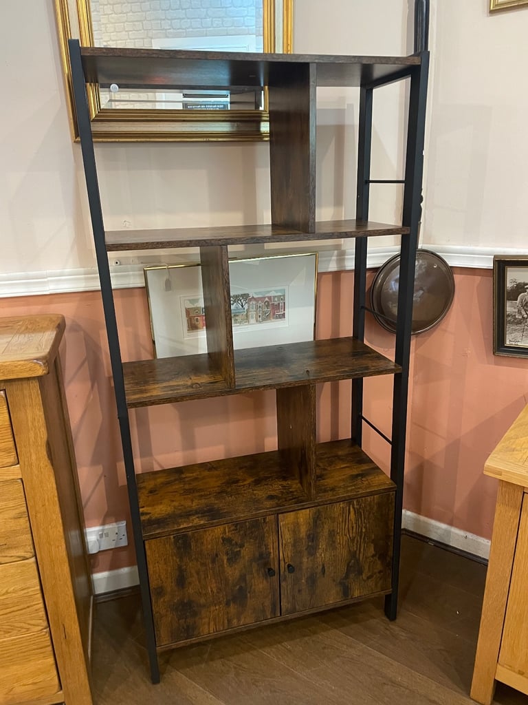 Shelving & cupboard unit in wood and black iron, very attractive vgc