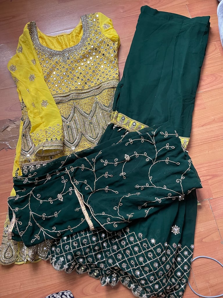 stunning yellow and dark green sharara suit