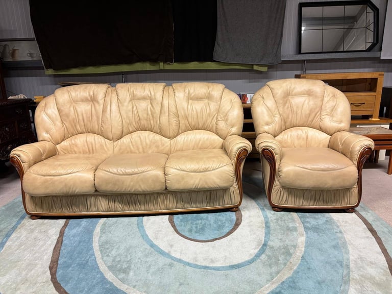 image for Taupe Italian Leather 3 Seater Sofa and Chair 