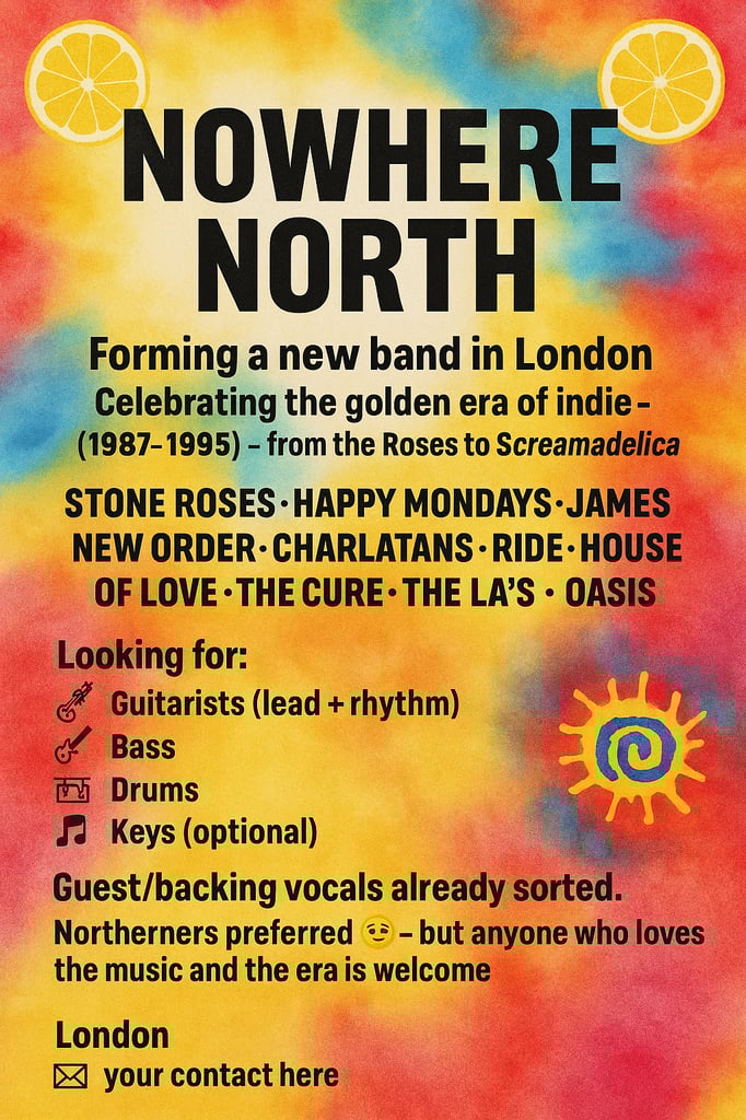 Forming new indie covers band – 1988-94 UK sound (Stone Roses / Charlatans / Ride / Blur)