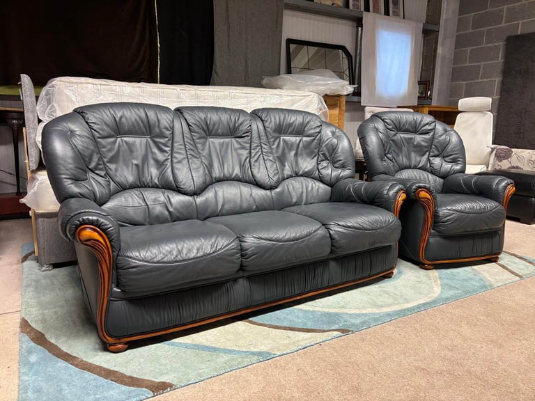 Blue Italian Leather 3 Seater Sofa and Chair excellent condition 