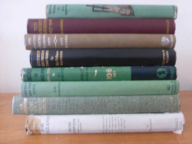 8 vintage Cricket hardback books - Pelham Warner, Swanton, Denis Compton etc. Mostly 1940s