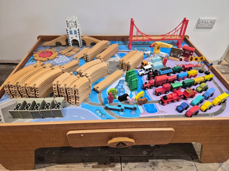 image for ELC reversible wooden train table with drawer, including all track and trains and vehicles