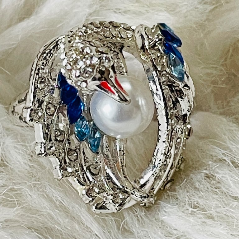 image for Swan Wings Embracing Faux Pearl Sparkling Clear CZ Rhinestone Cocktail Ring