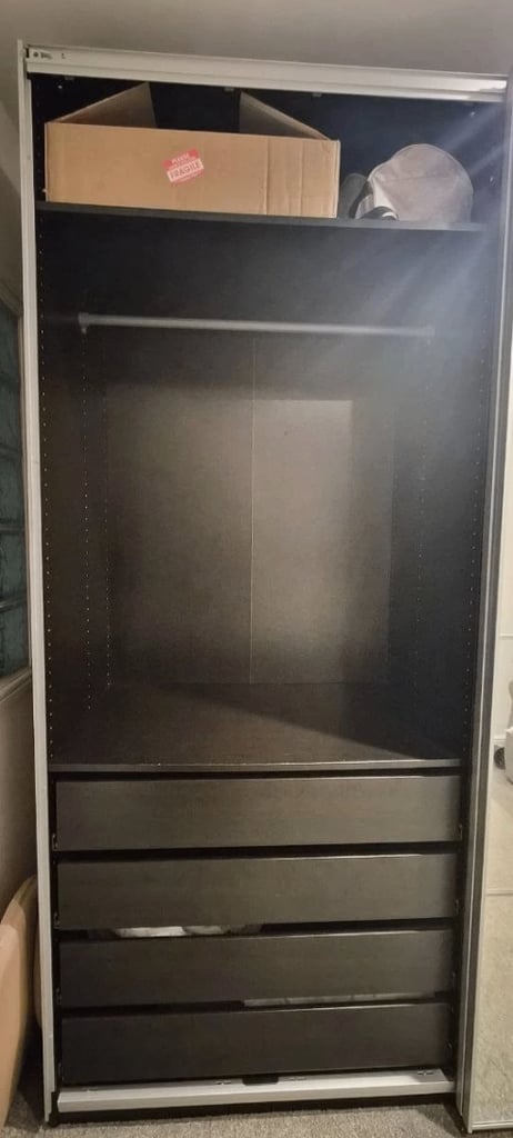 LARGE IKEA PAX Black Wardrobe, 2 Hang Rail, 3 Shelf & 8 drawers, 200x236 FREE DELIVERY 080