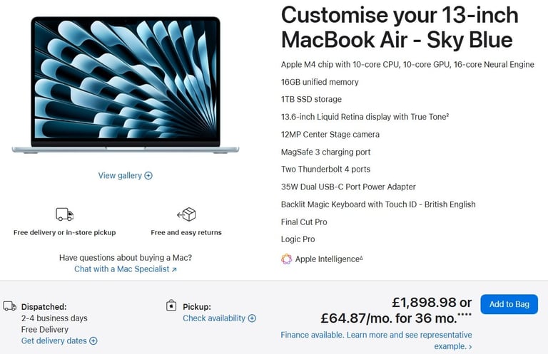 MacBook Air 13 Inch 2025 M4 1TB - 16GB RAM APPLE MAC LOGIC/FINAL CUT PRO Mac Laptop