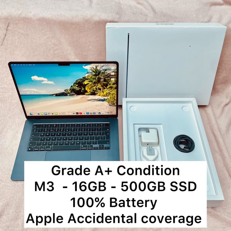 2024 MacBook Air 15” ( M3 - 16GB - 500GB SSD - 100% Battery) Apple accidental Warranty 