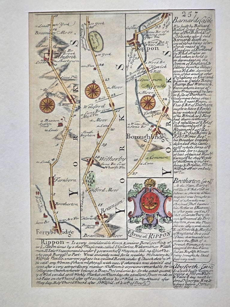 1720 Antique George I Period Road Map of Yorkshire - Rippon,Whitby,Scarborough 