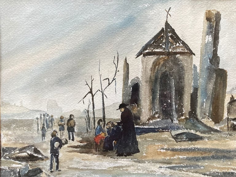image for Poignant original watercolour painting depicting a church-like scene