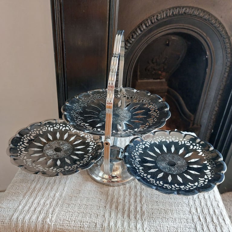 image for Vintage Steel Three Plate Folding Cake Stand 