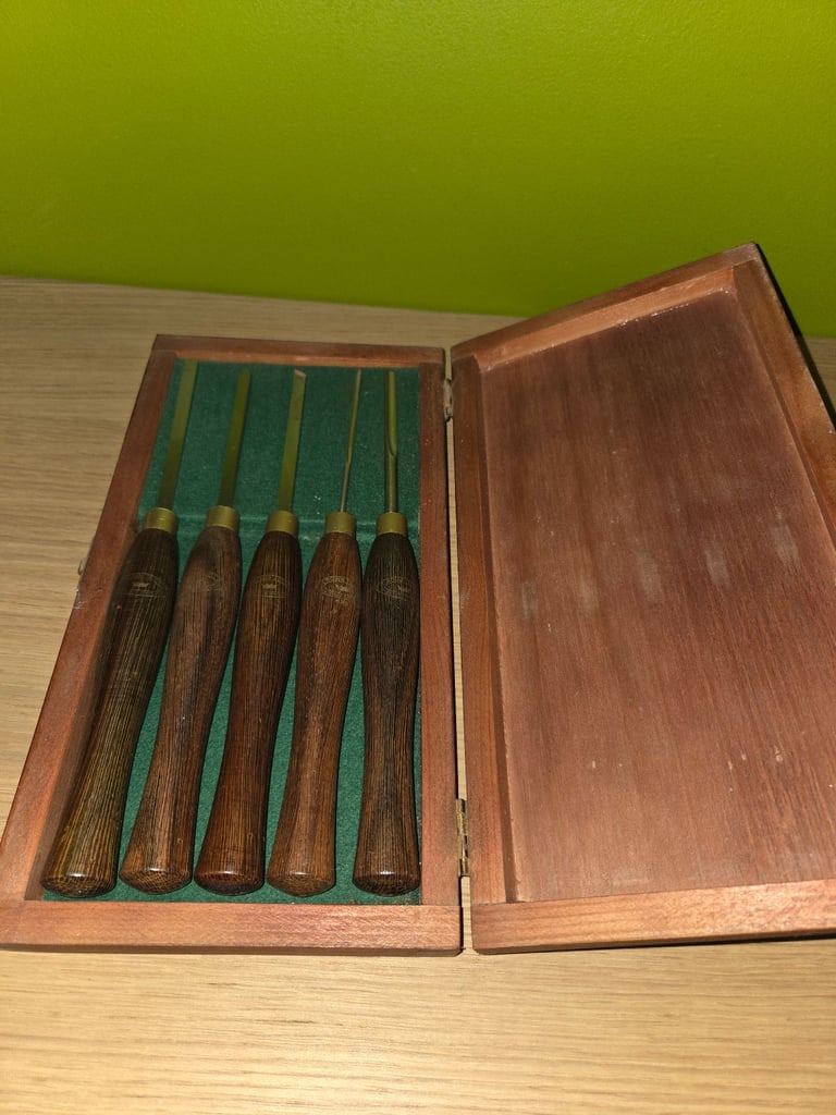 Set of five Crown micro mini woodturning chisels in wooden display box Axminster lathe wood turning