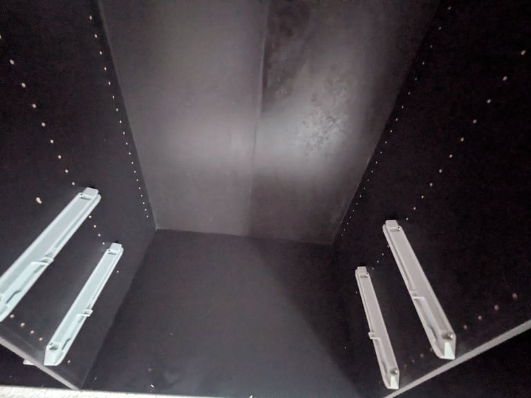 Black Ikea Pax 3 sliding mirror doors triple wardrobe 5 shelfs 3 rails 4 baskets