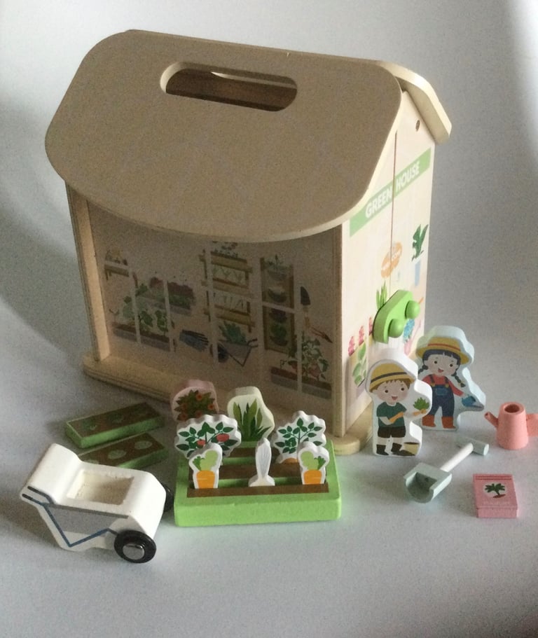 Little Town Wooden Green House with figures and accessories wood toys