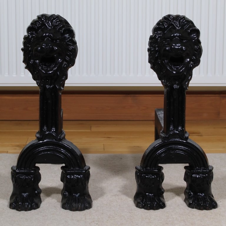 Monumental Large Cast Iron Lion Head Firedogs Fire Dogs Andirons, [FREE DELIVERY]
