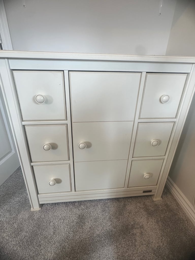 Mamas and papas 6 drawer one small wardrobe door chest of drawers solid wood cream 