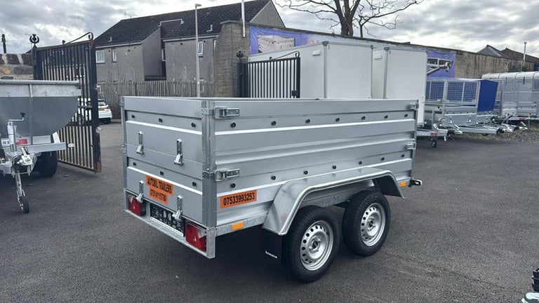 BRAND NEW 7,7FT X 4,2FT TWIN AXLE DOUBLE BROADSIDE TRAILER 750KG UN BRAKED