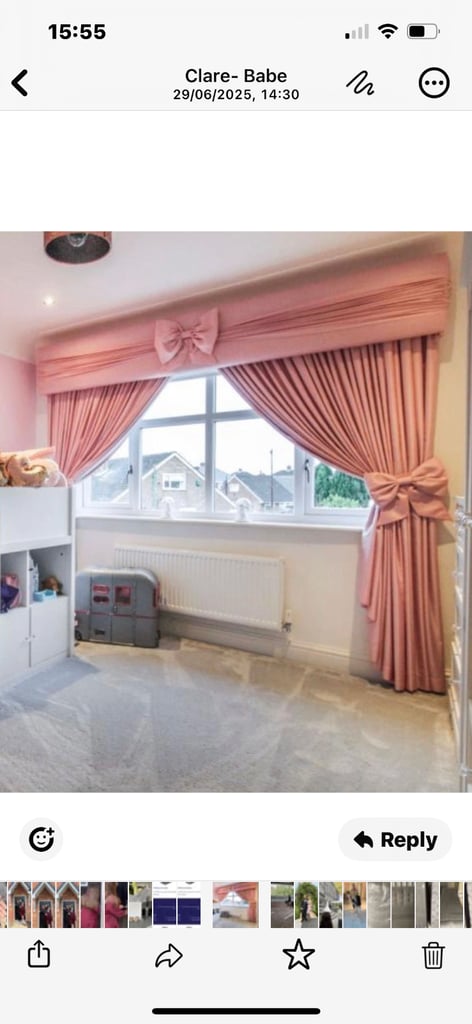 Pelmet, curtains and matching tie backs, plus curtain rail and brackets 